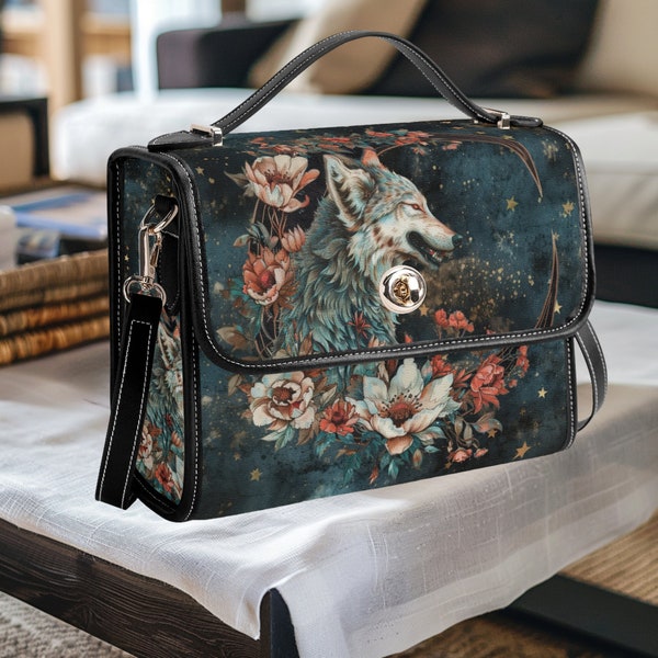 Wolf Floral Crescent Moon Handbag, Boho Chic Vintage-Inspired Crossbody Bag Shoulder Satchel, Animal Messenger Purse, Unique Gift for Her