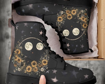 Floral Witch Moon Vegan Leather Combat Boots, Witchy Combat Boots, Magick Moon Boots, Boho Witch Boots, Boho Festival Wear Faux Leather Boot