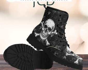 Women's Skull Print Combat Boots, Pirate-Themed Work Boot, Unique Goth Fashion Gift for Her, Durable Vegan Leather Punk Footwear