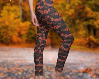 Women's Red Bat Print Leggings, Spooky Yoga Pants, Fitness Workout Gear, Unique Halloween Gift for Her