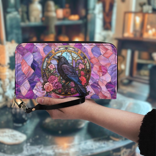 Stained Glass Raven Wallet, Gothic Style Zipper Pouch, Floral Whimsigoth Bird Clutch, Unique Accessory for Her, Gift Idea for Crow Lover