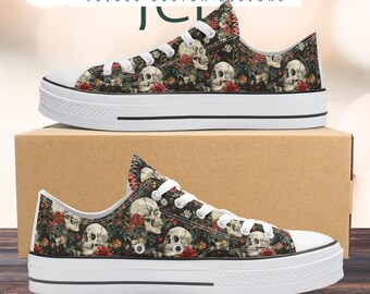 Women's Floral Gothic Skull Canvas Shoes, Unique Printed Goth Sneakers, Stylish Casual Footwear, Whimsigoth Gift for Her