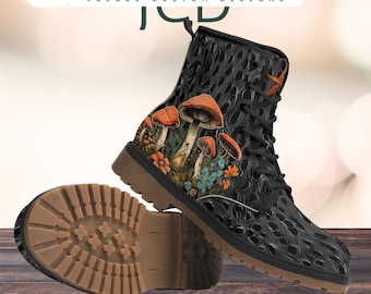 Whimsigoth Mushroom Women's Combat Boots, Forest Floral Design, Stylish Vegan Leather Footwear, Mushroomcore Gift idea for Garden Lover