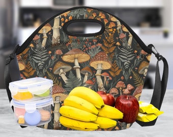 Sac à lunch en néoprène de forêt de champignons, fourre-tout isotherme à lunch, thème de la forêt, cadeau unique pour les amateurs de champignons, porte-repas artistique