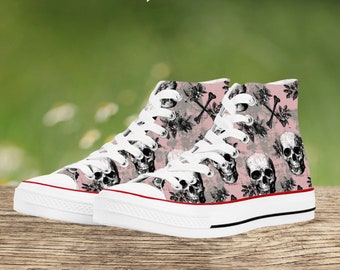 Women's High Top Canvas Gothic Shoes, Pink Skull and Floral Design, Fashionable Streetwear Sneaker, Unique Gift Idea for Goth Lover