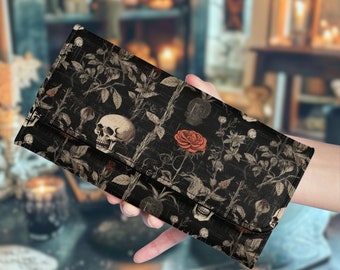 Women's Gothic Trifold Wallet, Floral Skull Print, Elegant Ladies Black Clutch, Unique Goth Gift for Her, Dark Aesthetic Accessory