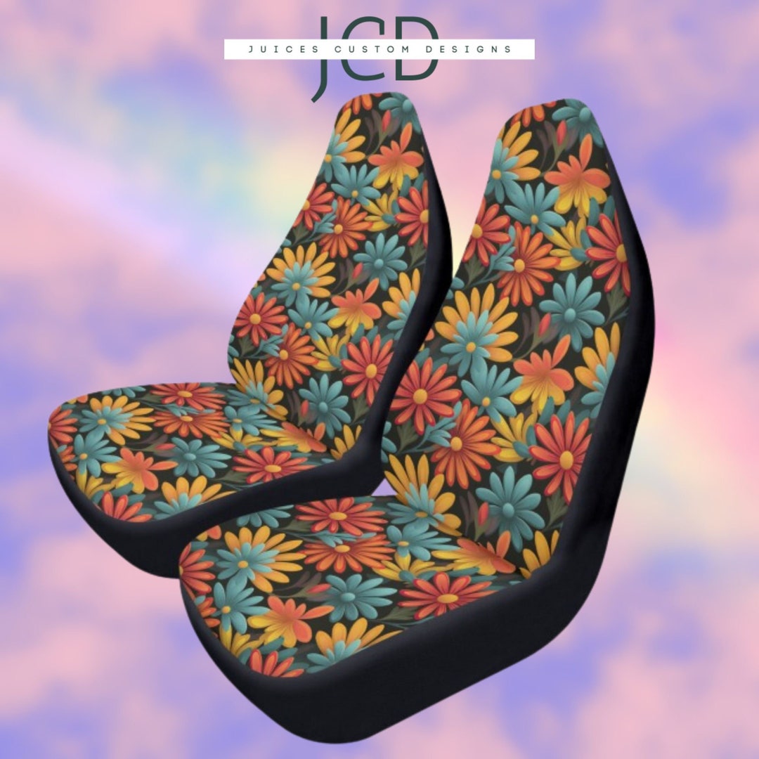 Retro Groovy Wildflowers Cottagecore Boho Car Seat Covers, Front Seat