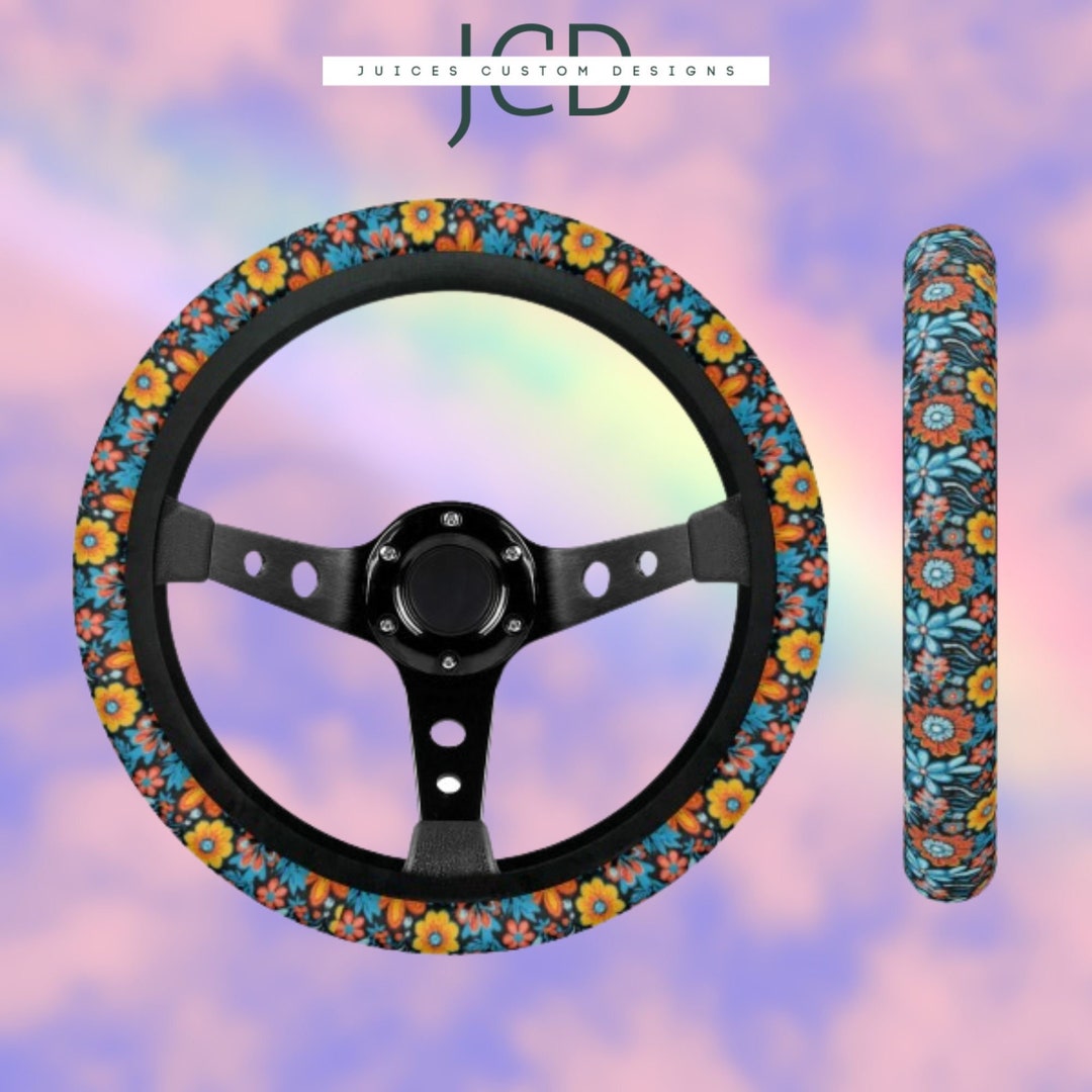 Retro Groovy Wildflowers Boho Steering Wheel Cover, Pressed Rifle