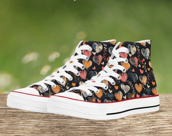 Vintage Heart Pattern Women's High Top Canvas Shoes, Stylish Colorful Sneaker Gift for Boho Punk Girl, Cute Rocker Chic Accessory