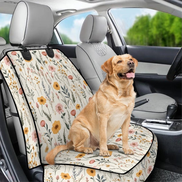 Wildflowers Boho Pet Seat Cover for Car, Floral Cottagecore Waterproof Front Seat Cover for Dog Cat, Vehicle Gift for Garden Lover