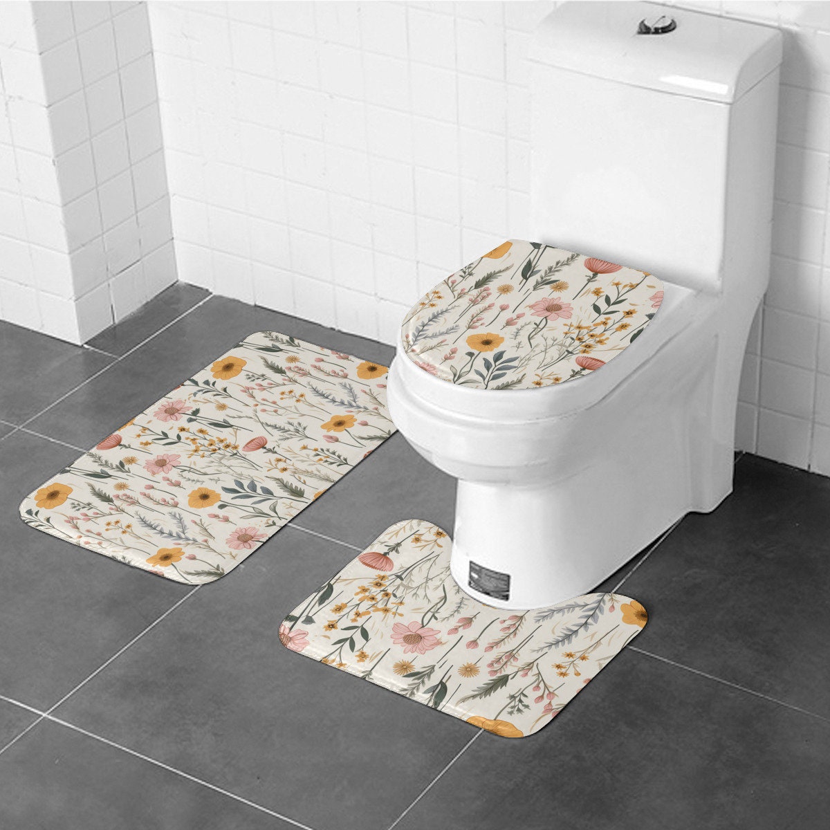 Boho Wildflowers Bathroom Toilet Lid Cover, Toilet Tank Cover, Toilet Floor Mat