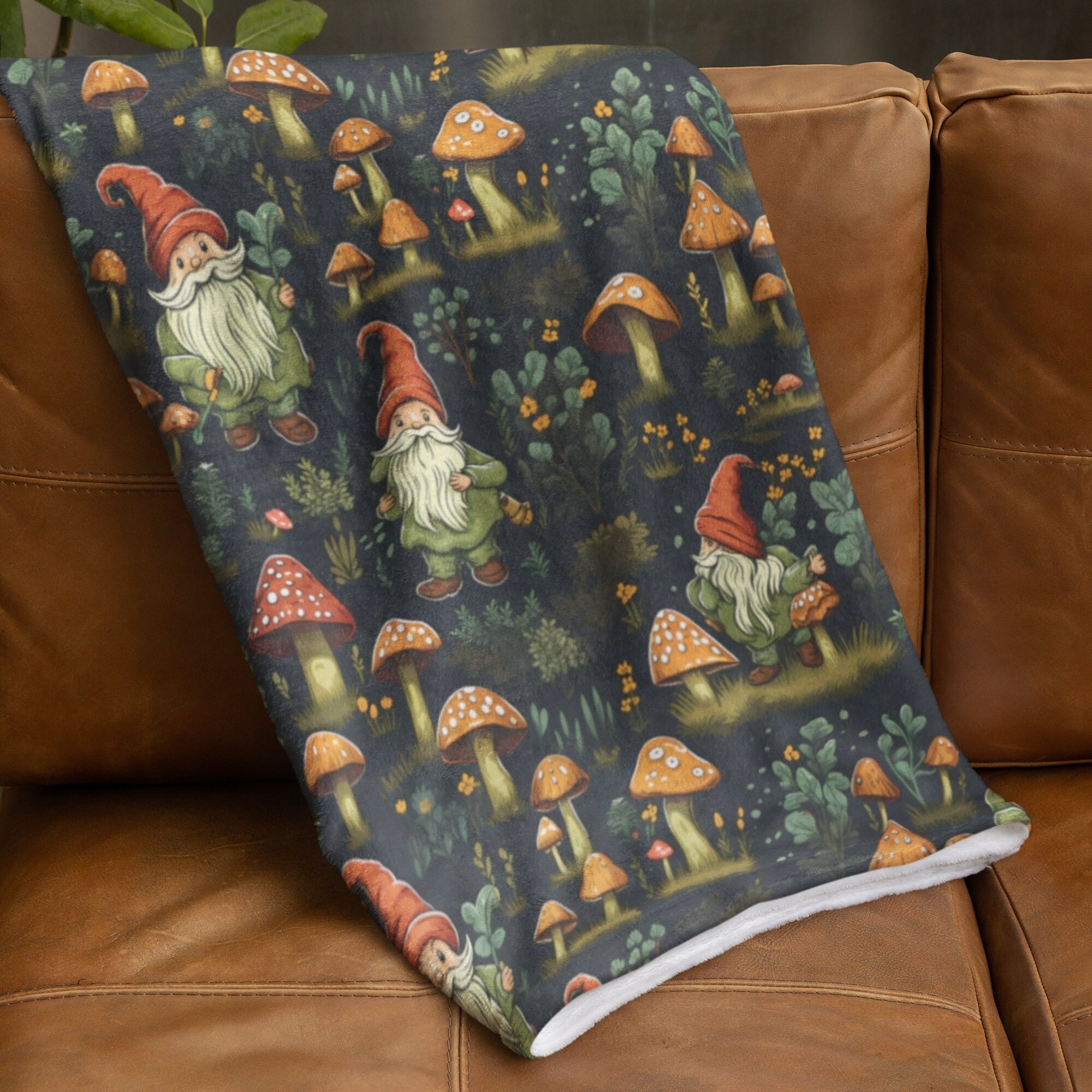 Enchanted Forest Mushroom and Gnome Sherpa Blanket, Whimsical Autumn