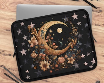 Black Cottagecore Floral Moon Phase Occult witch laptop case, Boho laptop cover, Kindle sleeve, Ipad tablet padded cover travel case