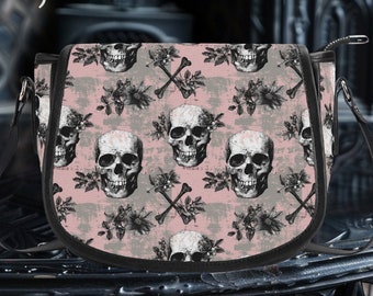 Gothic Skull Floral Crossbody Bag, Pink Black Satchel, Unique Shoulder Messenger Bag, Trendy Fashion Accessory Gift for Goth Lover