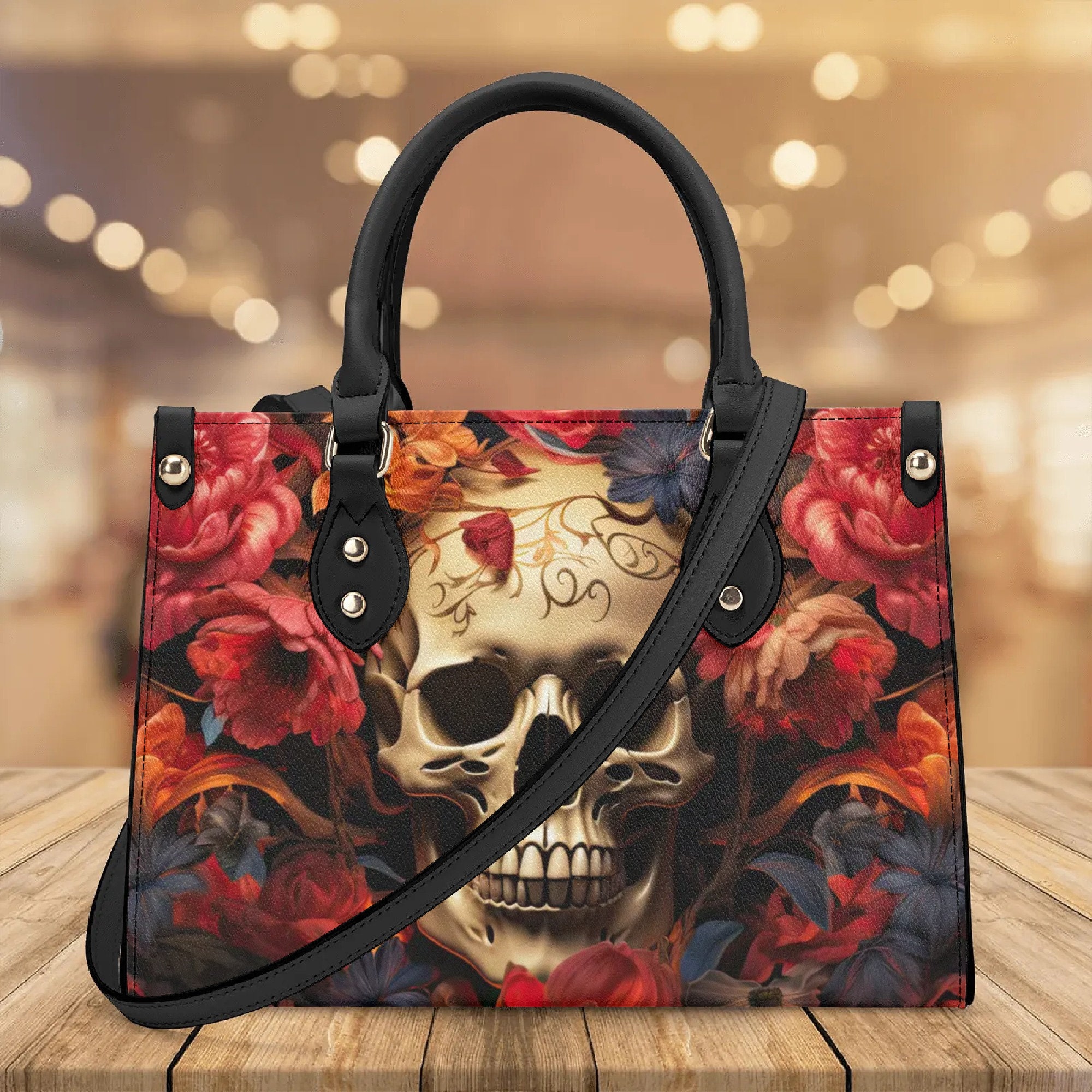 Gothic Skull Floral Handbag, Unique Goth Shoulder Bag, Fashion Purse Accessory, Whimsigoth Crossbody Bag Gift for Her, Macabre Aesthetic