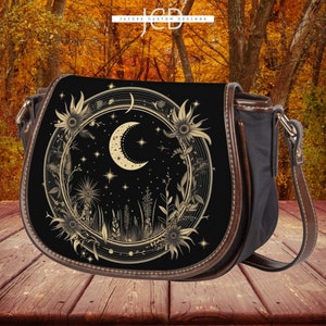 Crescent Moon Phases Witchy Vegan leather saddle bag, Witchy mystical floral crossed body purse women, witch goth bag, hippies boho gift