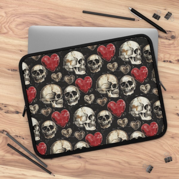 Gothic Skull and Heart Laptop Sleeve Case, Protective Cover for MacBook, iPad, Kindle, Stylish Gift for Tech Lovers