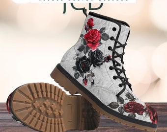 Women's Floral Combat Boots, Red and Black Roses Print, Stylish Durable Vegan Leather Work Shoes, Unique Trendy Gift for Her