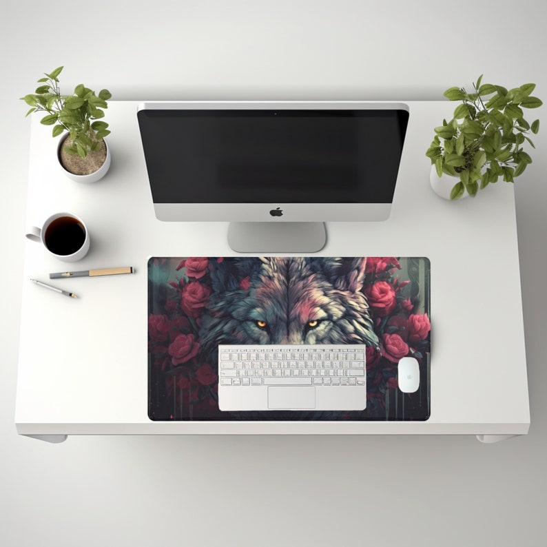 Floral Wolf Extended Desk Mat, Gothic Macabre Art Wildflower Gaming