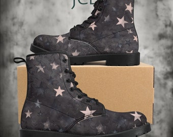 Distressed Stars Vegan Leather Combat Boots, Witchy Combat Boots, Gothic Moon Boots, Boho Witch Boots, Boho Festival Wear Faux Leather Boot