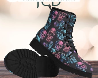 Dames Skull Print Combat Boots, Kleurrijke gotische stijl enkelschoenen, unieke punkschoenen, edgy festivaloutfits, cadeau voor gothliefhebber