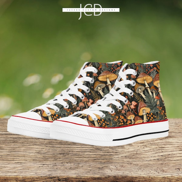 Women's Forest Mushroom High Top Canvas Shoes, Whimsical Mushroom Print, Durable Fashion Sneakers, Unique Boho Gift for Her