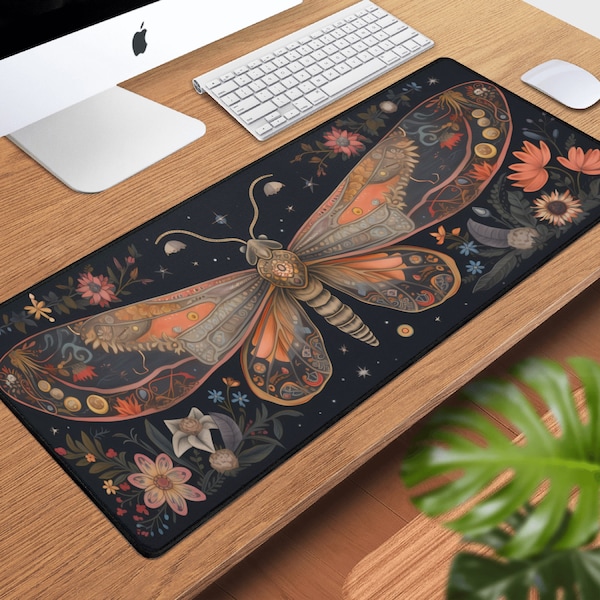 Cottagecore Luna Moth XL Mouse Pad, Rustic Vintage Aesthetic Gaming Mouse Pad, Fern Computer Amanita Mushroom Mat, Magical Forest Whimsical