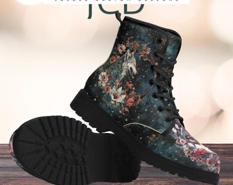 Floral Wolf Print Women's Combat Boots, Unique Goth Design Ladies' Footwear, Stylish Outdoor Gothic Shoes, Great Gift Idea