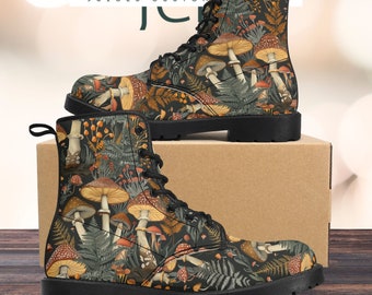 Women's Mushroom Print Combat Boots, Unique Lace-Up Ankle Boots, Autumn Nature Inspired Footwear, Vegan Leather Outdoor Shoes, Gift for Her