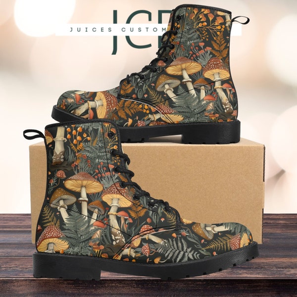 Women's Mushroom Print Combat Boots, Unique Lace-Up Ankle Boots, Autumn Nature Inspired Footwear, Vegan Leather Outdoor Shoes, Gift for Her