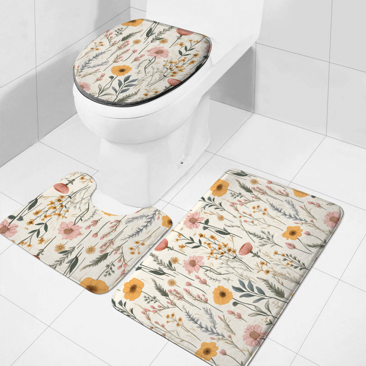 Boho Wildflowers Bathroom Toilet Lid Cover, Toilet Tank Cover, Toilet Floor Mat