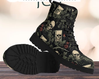 Women's Skull Print Tarot Card Combat Boots, Floral Gothic Lace-up Footwear, Vegan Leather, Trendy Durable Outdoor Ankle Boots, Gift for Her