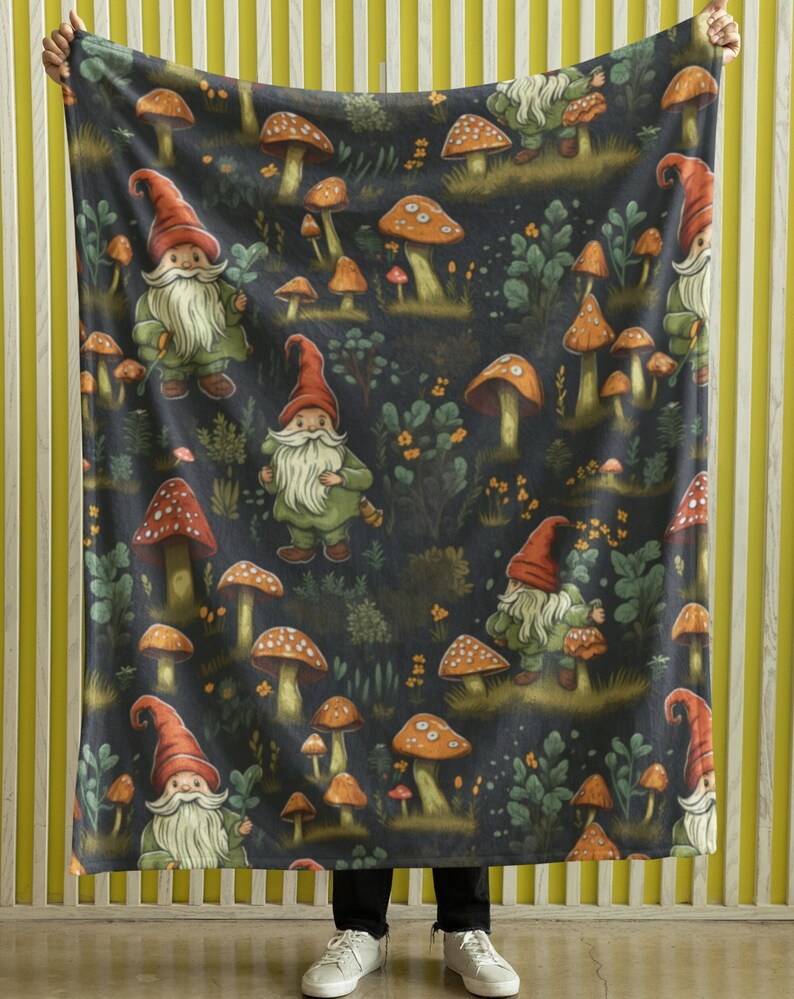 Enchanted Forest Gnome and Mushroom Sherpa Blanket, Whimsical Autumn