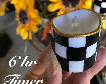 Black and White Check Tea Lights (2), Hand Painted Candle with timer (2), Tea Lights with Timer (2), Whimsy Candle (2), Check Candle