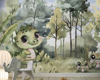 Aquarel baby dinosaurus bos muurschildering, kinderkamer behang op maat, decor peuterkamer