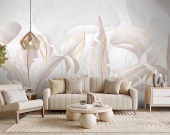 Muurschildering bladgoud, wit geometrisch behang, aangepast formaat, glamour tropisch blad, decor woonkamer slaapkamer