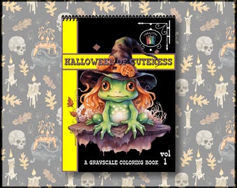 Cute Halloween Coloring Book in Grayscale, Hardcover Spiral Bound Coloring Book, Halloween Cuteness Book, Spooky Coloring Handmade Book