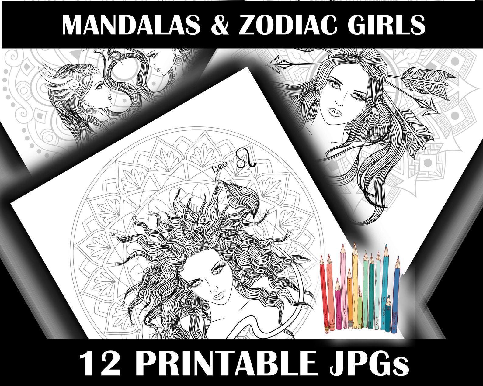 12 Zodiac Mandala Women Hair Coloring Pages to Print Women Coloring ...
