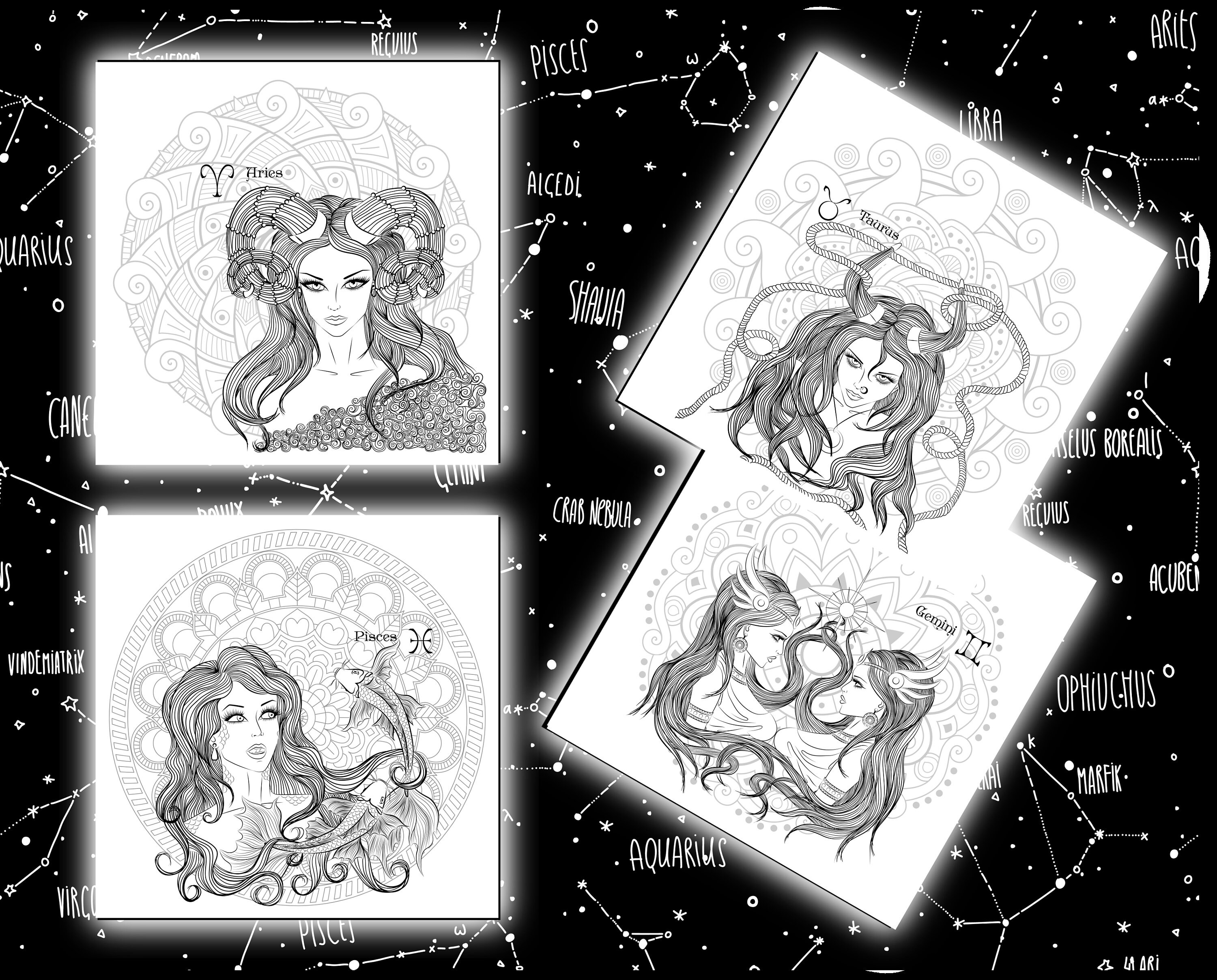 12 Zodiac Mandala Women Hair Coloring Pages to Print Women Coloring ...