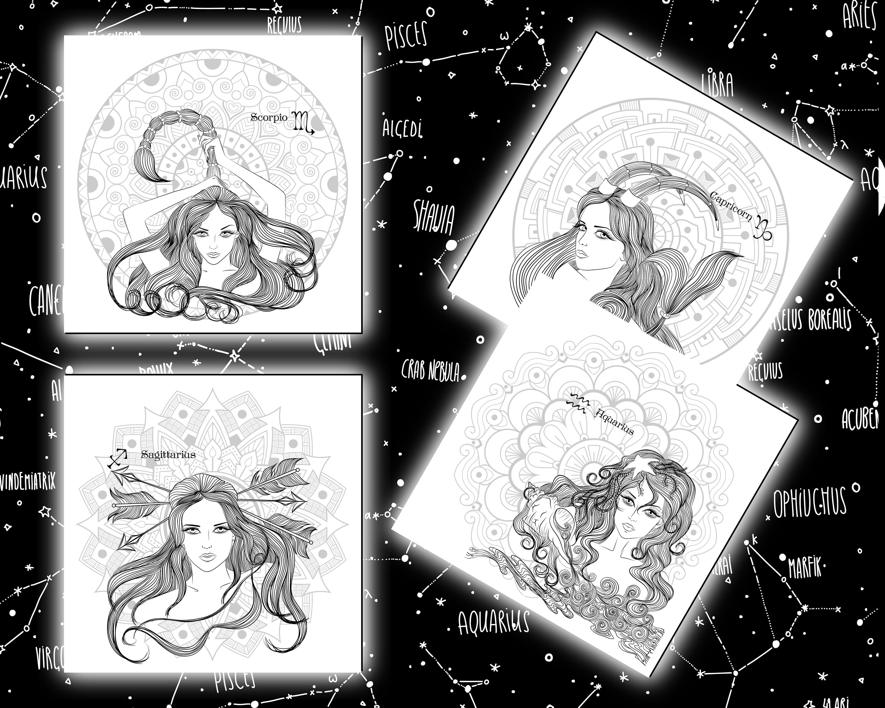 12 Zodiac Mandala Women Hair Coloring Pages to Print Women Coloring ...