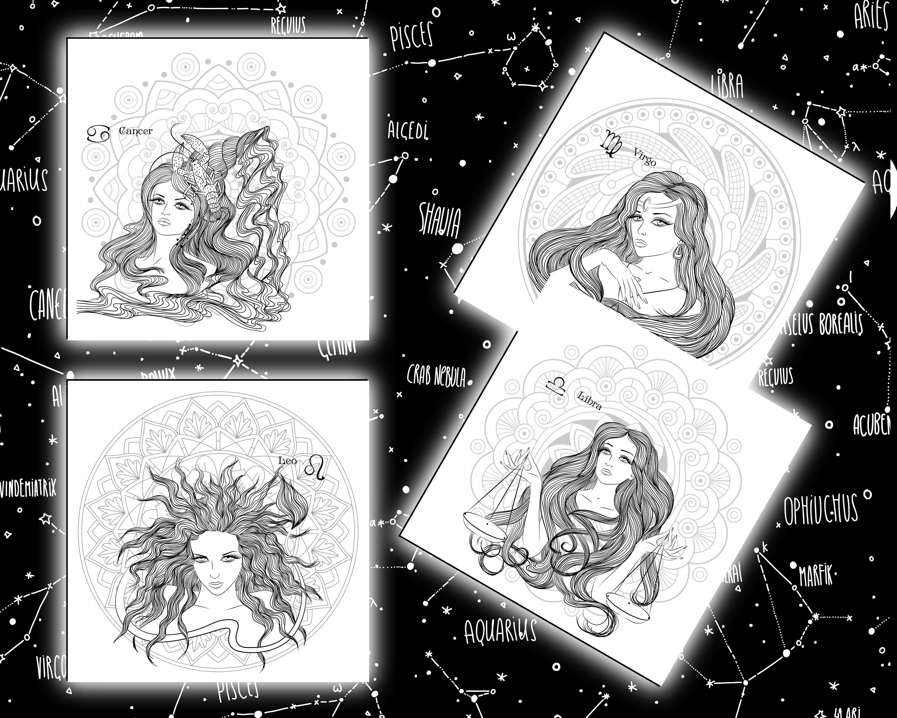 12 Zodiac Mandala Women Hair Coloring Pages to Print Women Coloring ...