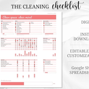 Puede incluir: Una hoja de cálculo de lista de verificación de limpieza imprimible en color rosa y blanco en formato Google Sheets. La lista de verificación incluye tareas de limpieza diarias, semanales, mensuales y trimestrales. El título de la lista de verificación es "THE CLEANING checklist" y el subtítulo es "Clean space, clear mind".