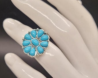Western Boho Silver Turquoise Flower Ring Sz 5.5