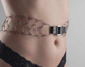 Waist cilice, catholic penitential belt, stainless steel and black leather, two rows - nickel free