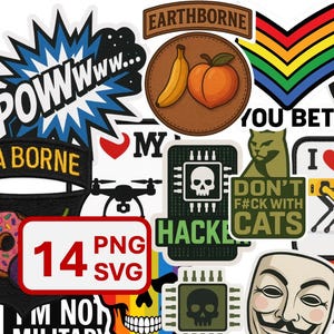 May include: A collection of colorful stickers with various designs and text. Designs include a skull, a cat, a drone, a mask, and the words "POWwww", "SEA BORNE", "HACK", "CYBER OPS JOIN ME", and "I ❤️ MY".