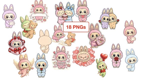 Labubu Valentine Clipart PNG Set – Kawaii Cartoon Sticker Pack, Digital Download