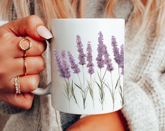 Pressed Lavender Mug, Boho flowers, Cottagecore Botanical, Flower Lover, Gift For Her, Coffee Cup, Tea Cup, Nature floral