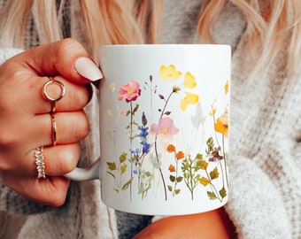 Pressed Flowers Mug, Boho Wildflowers, Cottagecore Botanical, Flower Lover, Gift For Her, Watercolor TeaCup, Lavender Floral, Nature