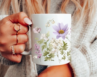 Pressed Spring Flowers Mug, Boho Wildflowers, Cottagecore Botanical, Flower Lover, Gift For Her, Watercolor TeaCup, Lavender Floral, Nature