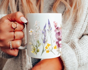 Pressed Flowers Mug, Boho Wildflowers, Cottagecore Botanical, Flower Lover, Gift For Her, Watercolor TeaCup, Lavendar Floral, Nature